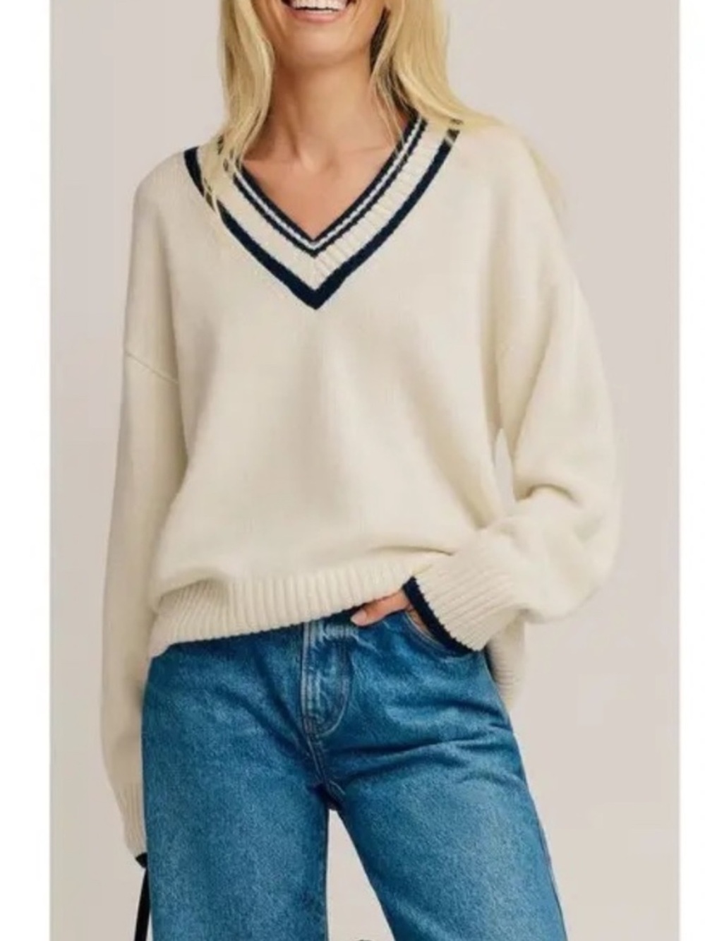 Reformation Jadey Cashmere Oversized Sweater Ivory Striped Size Medium